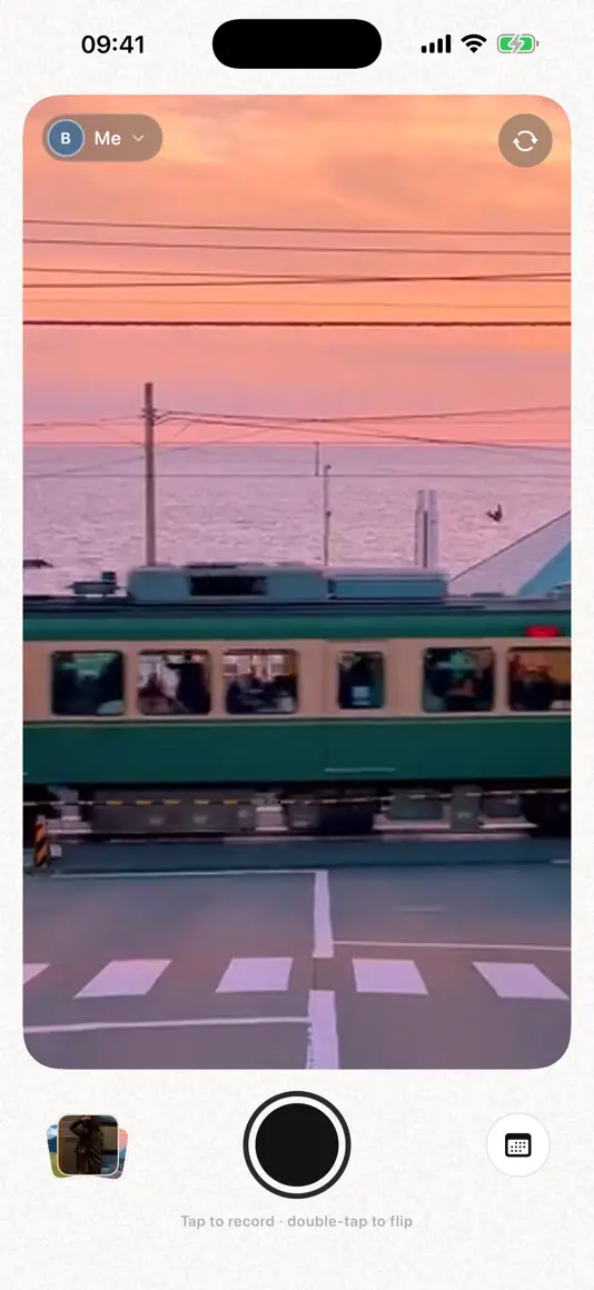 The Vlogsy camera, mid-recording, with the shutter at the bottom of the screen